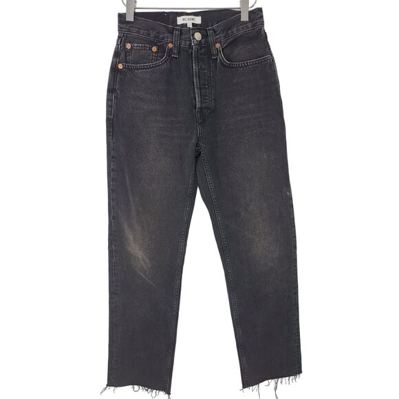 Re/Done Button Fly Ankle Jeans 24 Womens Black High Rise Raw Hem Denim - Picture 1 of 8